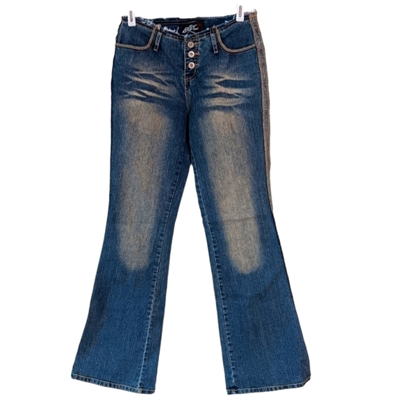 VTG Lazer Boot Cut Jeans Juniors 3 Blue Denim Flared Y2K Button Distressed - Picture 1 of 5